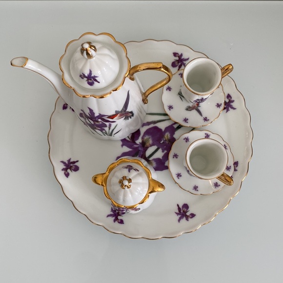 Fine Porcelain 9 Pcs Purple Floral Miniature Tea Set With Decal - Picture 3 of 6